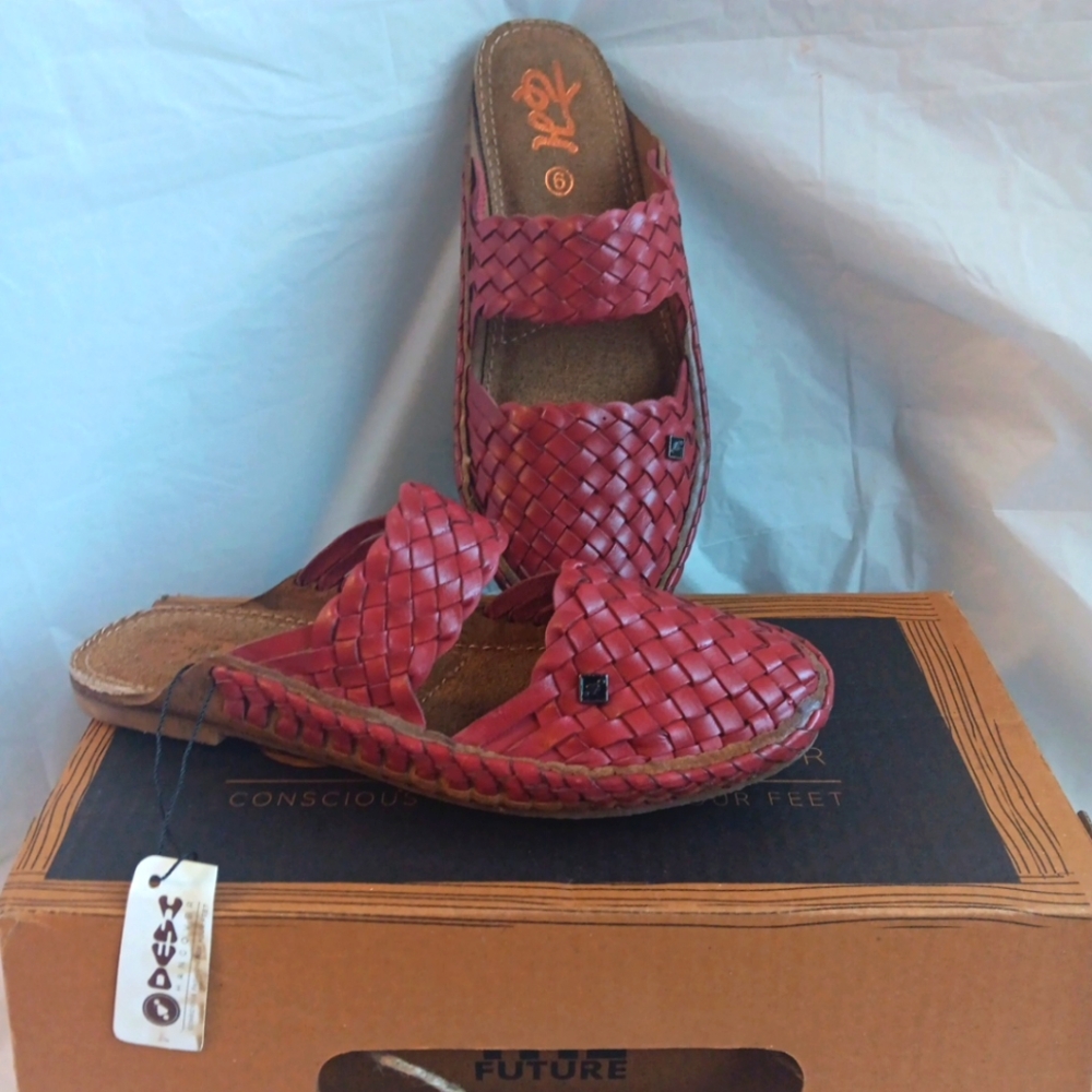 Red Woven Leather Mules with Open Back
